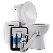 Various plumbing items including a toilet, a fawcet, and an on-demand water heater