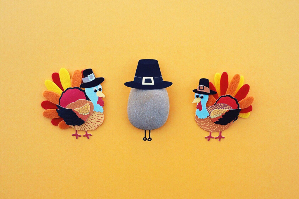 A pair of turkeys and a rock with a pilgrim hat