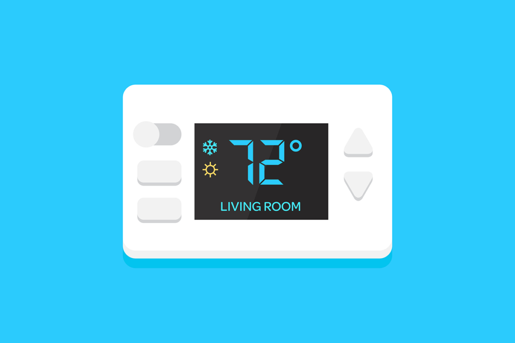 A digital thermostat reading 72 degrees