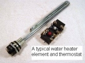 Water heater heating element and thermostat